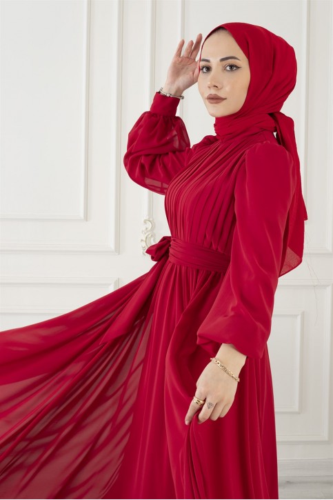 Kendinden Desenli Kemerli Elbise Kiremit