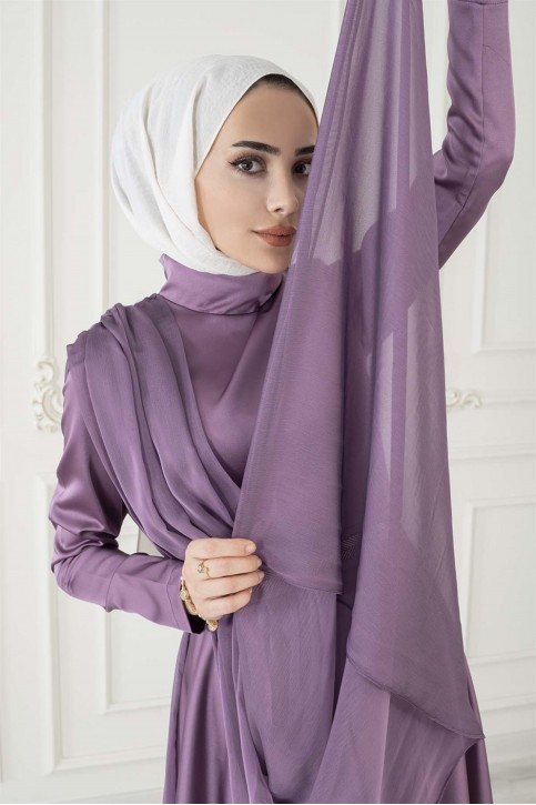 Eteği Volanlı Saten Elbise İndigo Mor